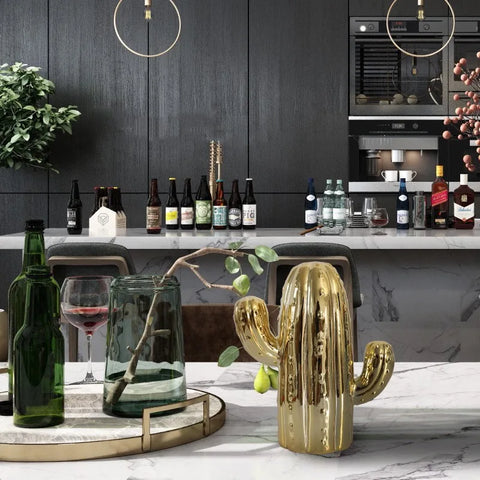 Cactus blanc et doré en céramique pour décoration intérieur 19 cm