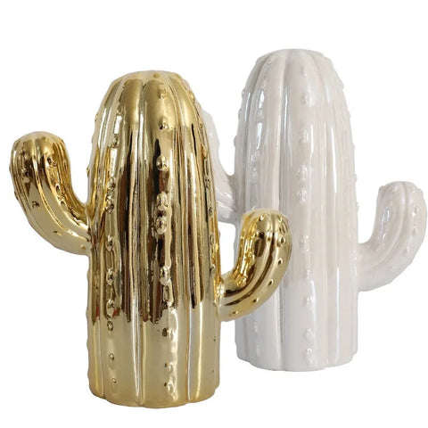 Cactus blanc et doré en céramique pour décoration intérieur 19 cm