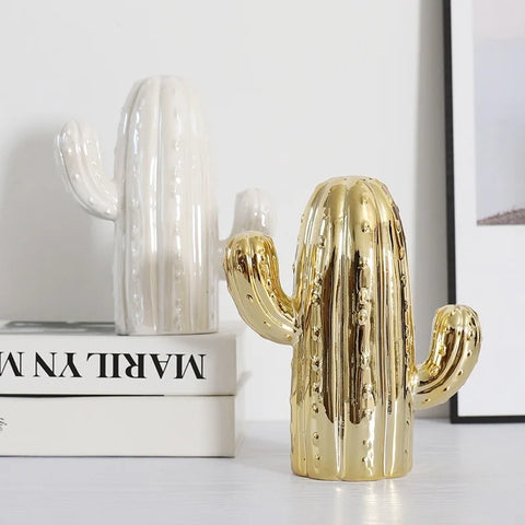 Cactus blanc et doré en céramique pour décoration intérieur 19 cm