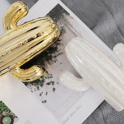 Cactus blanc et doré en céramique pour décoration intérieur 19 cm