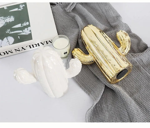 Cactus blanc et doré en céramique pour décoration intérieur 19 cm