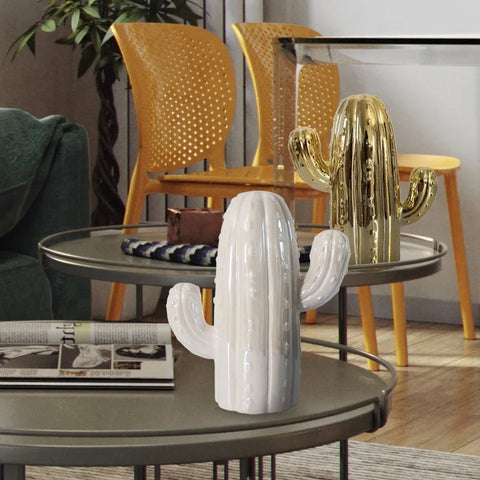 Cactus blanc et doré en céramique pour décoration intérieur 19 cm