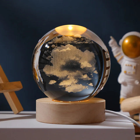 Boule Cristal 3D Rotative avec Lumières LED - Objet Déco Astronomie