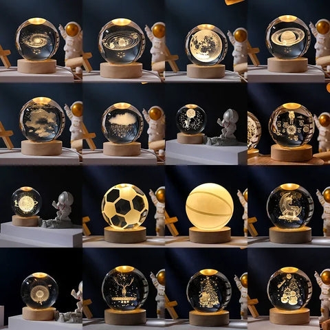 Boule Cristal 3D Rotative avec Lumières LED - Objet Déco Astronomie