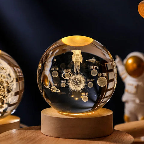 Boule Cristal 3D Rotative avec Lumières LED - Objet Déco Astronomie