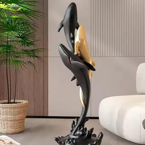Statue design baleines noir et or – Sculpture contemporaine en résine 80 cm