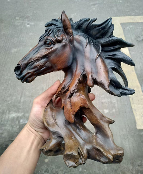 Statue buste tête cheval en résine imitation bois 27 cm