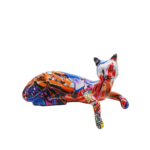 Statue chat couché résine graffiti 15 cm