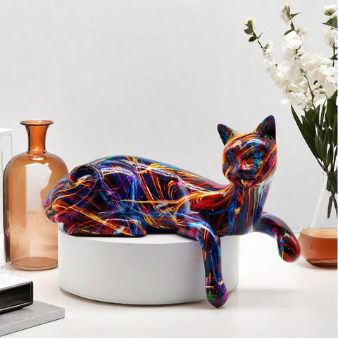 Statue chat couché résine laser 15 cm
