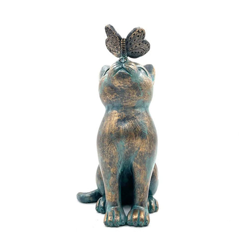 Statue chat avec papillon pour extérieur 20 cm