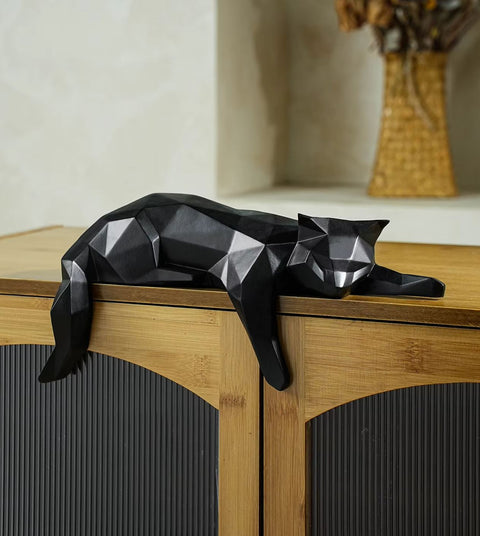 Statue chat couché origami noir 15 cm