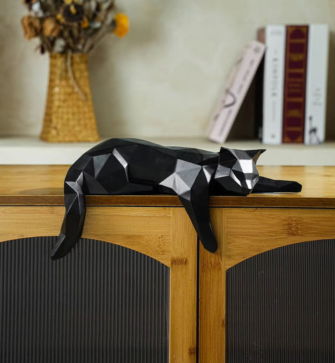 Statue chat couché origami noir 15 cm