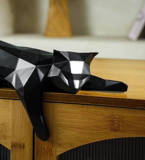 Statue chat couché origami noir 15 cm