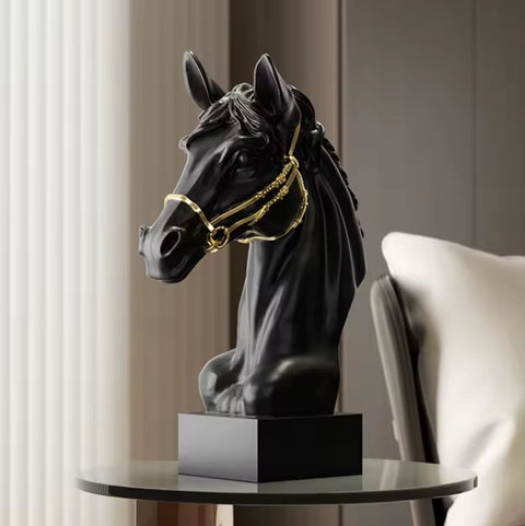 Statue buste tête de cheval noire et dorée 30 cm