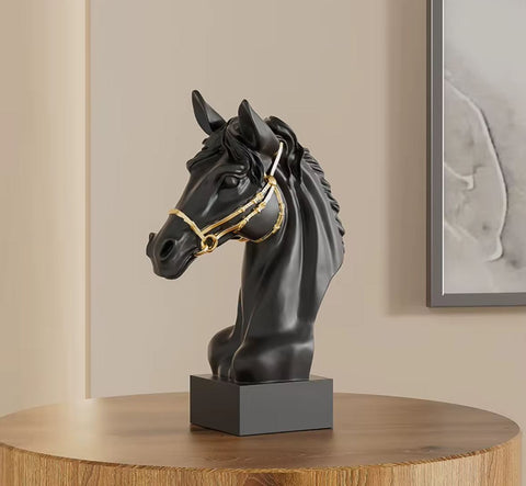 Statue buste tête de cheval noire et dorée 30 cm