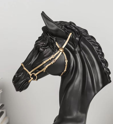 Statue buste tête de cheval noire et dorée 30 cm