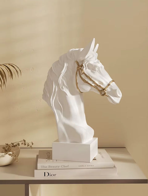 Statue buste tête de cheval blanche et dorée 30 cm