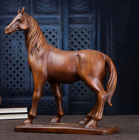 Sculpture cheval en résine, imitation bois, 36 cm