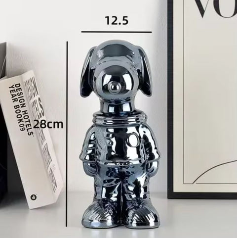 Statue chien cosmonaute anodisé noir 28 cm