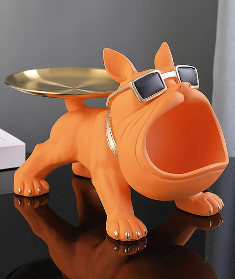 Statue chien bouledogue orange avec plateau 20 cm