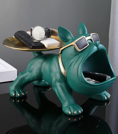 Statue chien bouledogue vert avec plateau 20 cm