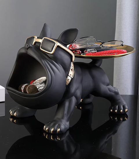 Statue chien bouledogue noir avec plateau 20 cm