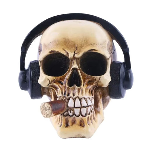 Statue tête de mort / crâne avec casque audio et cigare 14 cm