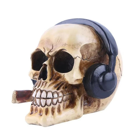 Statue tête de mort / crâne avec casque audio et cigare 14 cm
