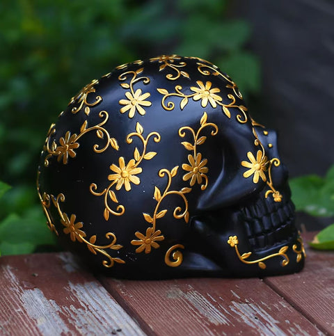 Tête de mort / crâne mexicain noir et doré 14 cm