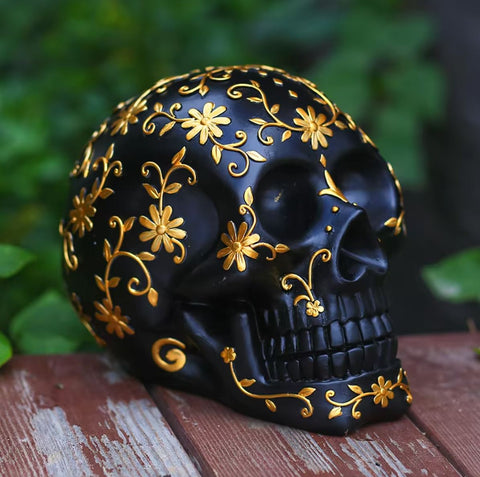 Tête de mort / crâne mexicain noir et doré 14 cm