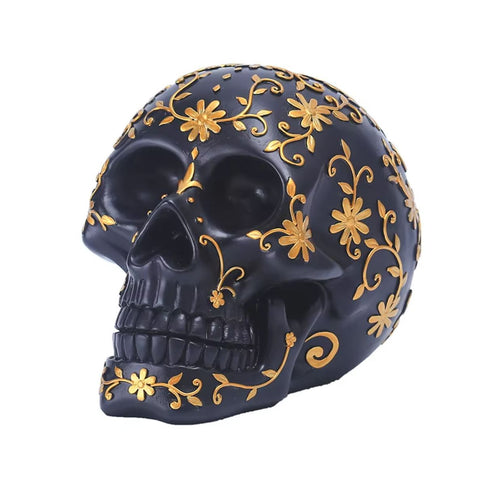 Tête de mort / crâne mexicain noir et doré 14 cm