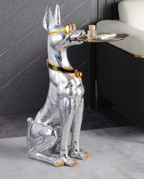 Statue Dobermann table appoint argenté 75 cm