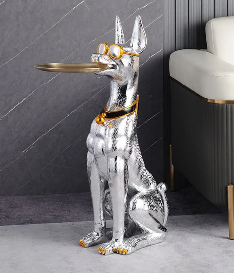 Statue Dobermann table appoint argenté 75 cm