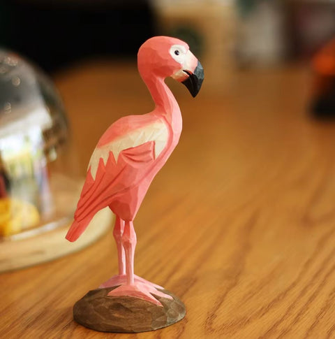 Statue en bois oiseau flamant rose 16 cm