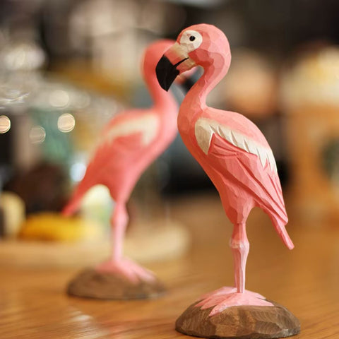 Statue en bois oiseau flamant rose 16 cm