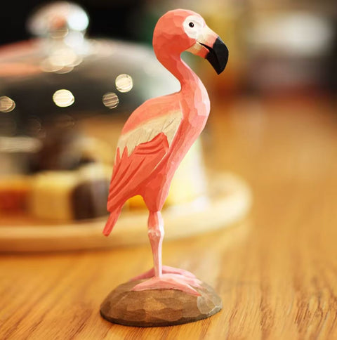 Statue en bois oiseau flamant rose 16 cm