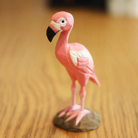 Statue en bois oiseau flamant rose 16 cm