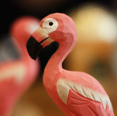 Statue en bois oiseau flamant rose 16 cm