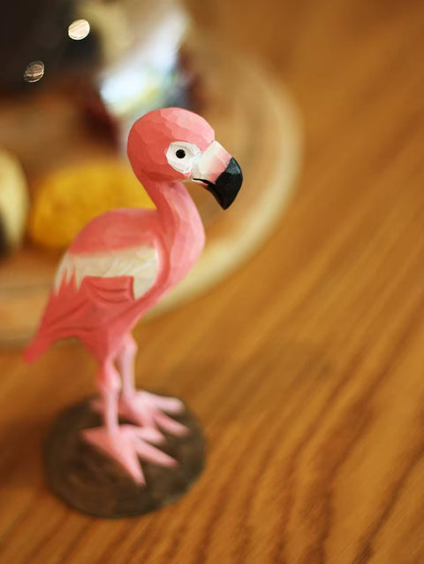 Statue en bois oiseau flamant rose 16 cm