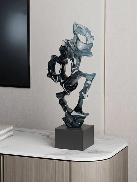 Sculpture abstraite en résine bleu transparente 43 cm