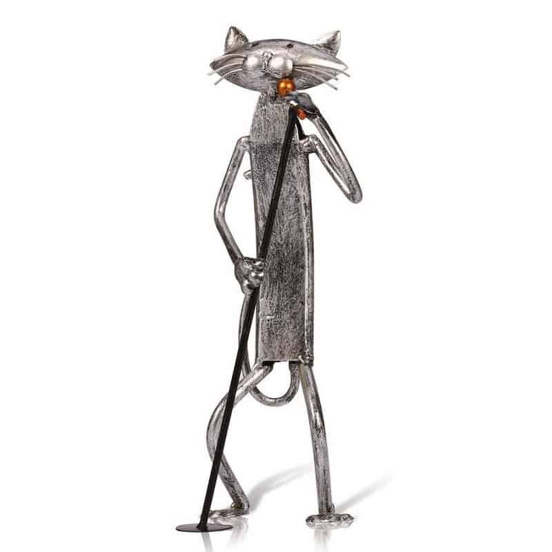 Sculpture Métal Chat - Statue Décorative Art Déco - Un Chat Qui Chante - Argent Brillant
