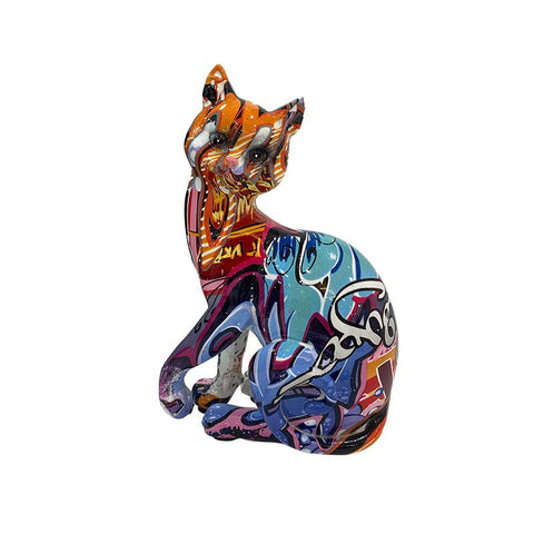 Statue chat assis résine graffiti 16 cm