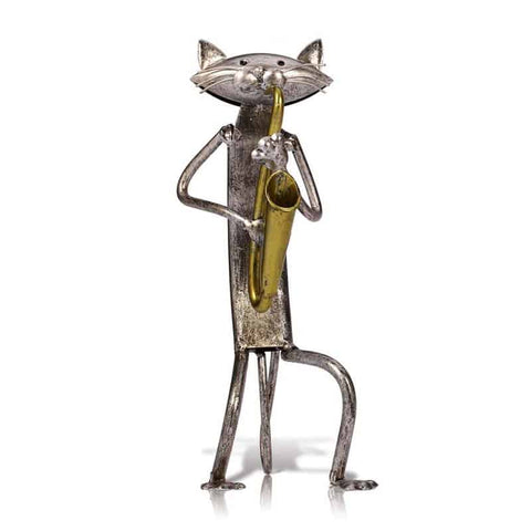 Statue Chat en métal musicien saxophoniste 24 cm