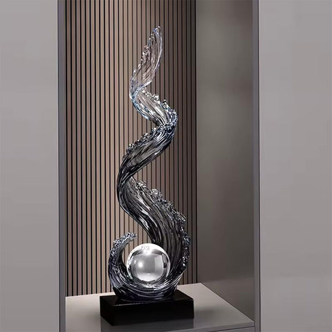 Statue design abstraite grise – vague avec perle - 70 cm